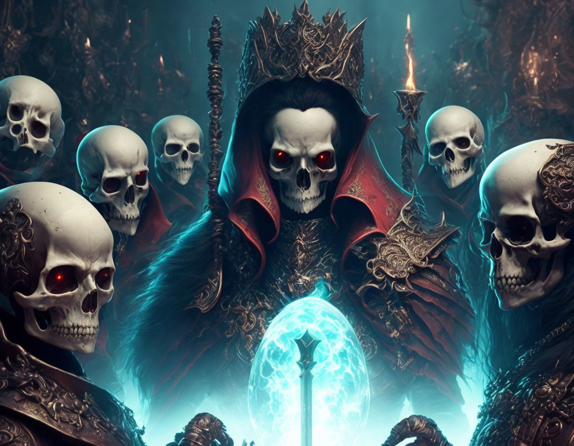 Dark Crowned Figure with Skull Face and Blue Staff surrounded by Skulls