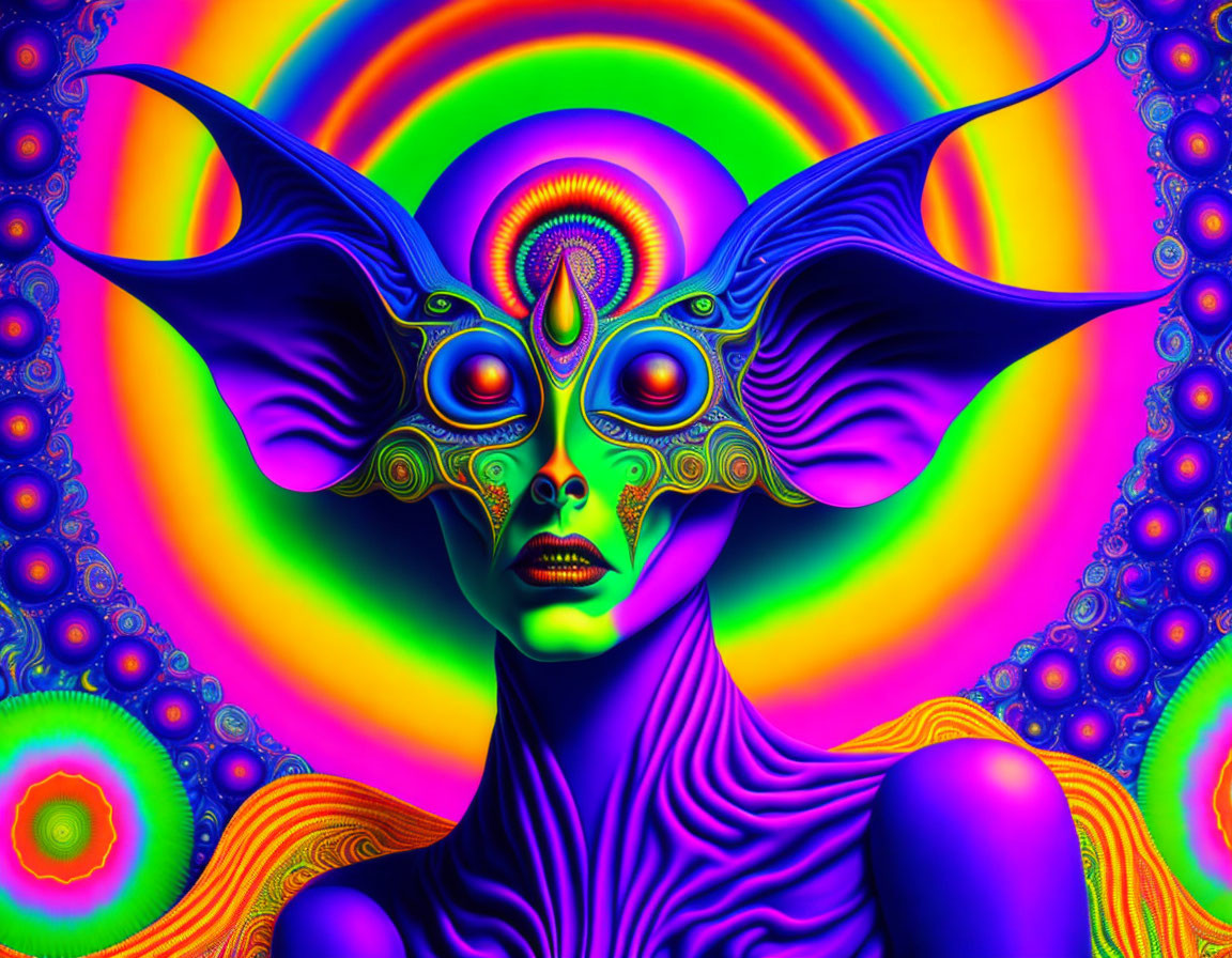 Colorful Psychedelic Art: Humanoid Figure with Alien Mask and Swirling Patterns