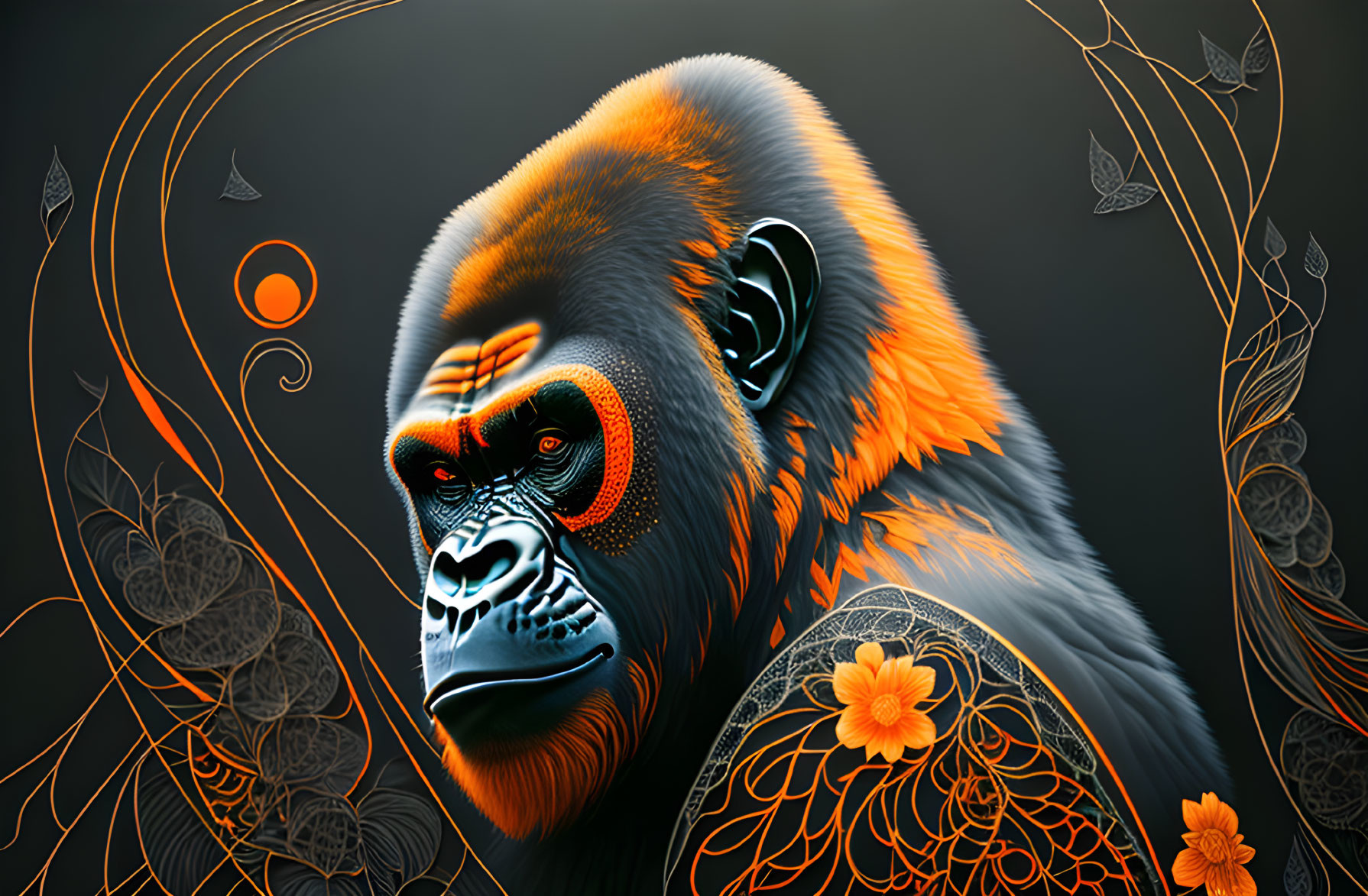 Colorful gorilla digital art with floral patterns on dark background