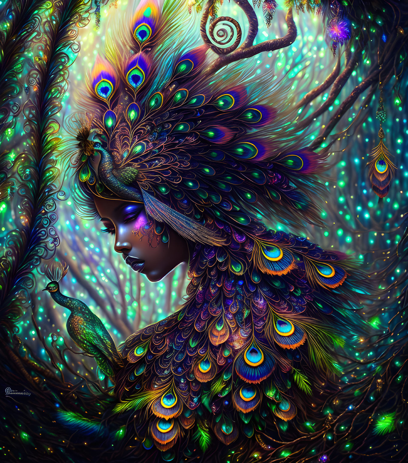 Colorful surreal art featuring person with peacock feather motifs