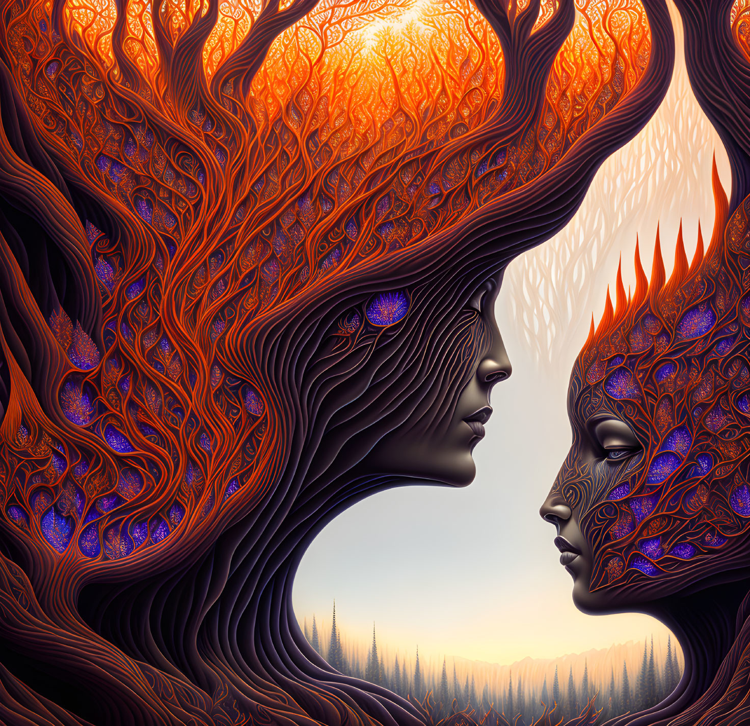 Digital Artwork: Two Intricate Tree-Like Faces with Autumn Canopy