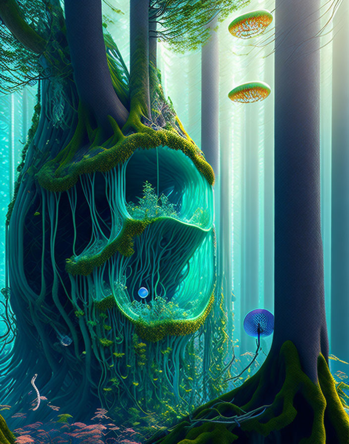 Underwater scene with tree-like structure and ethereal light rays