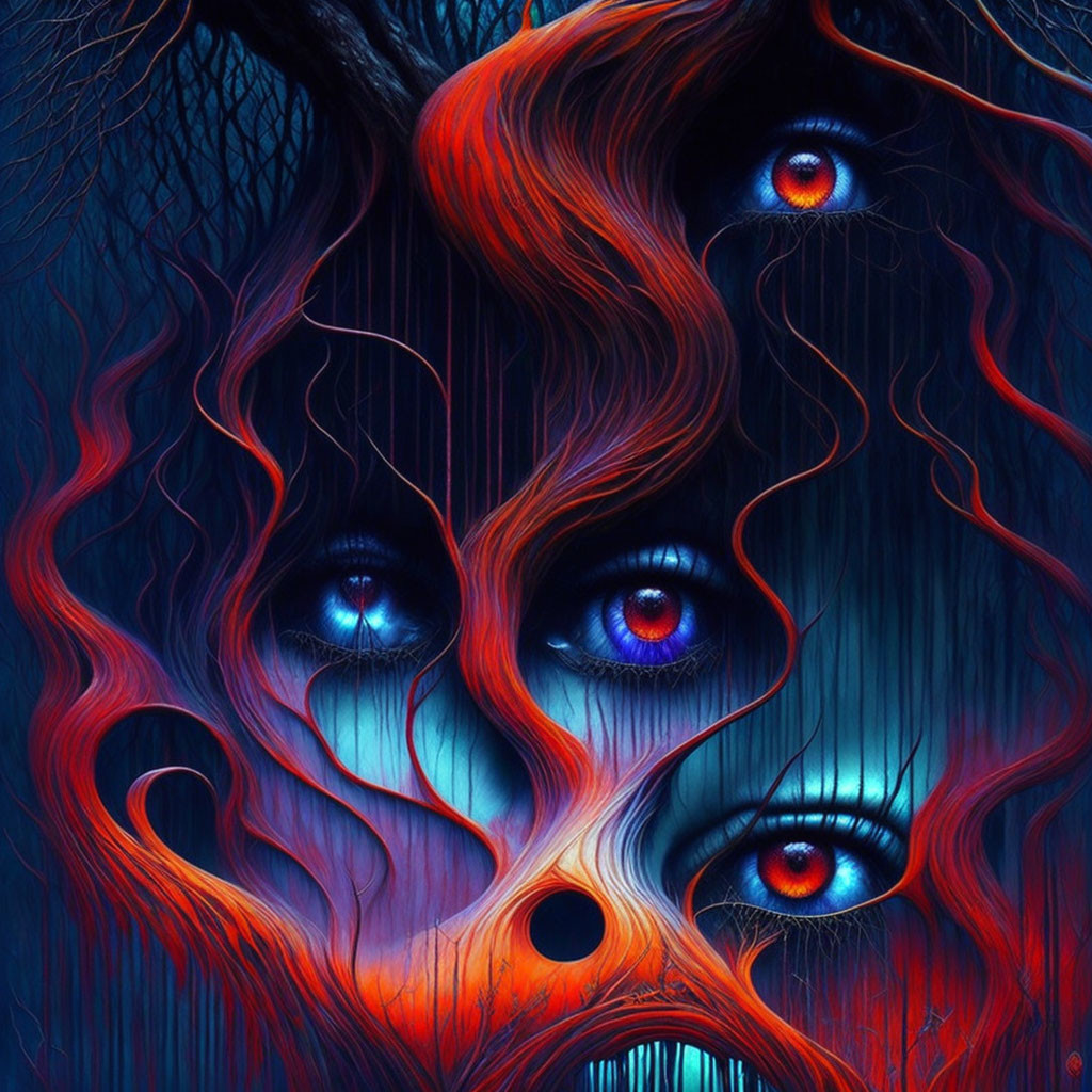 Surreal portrait with blue and red eyes in flowing red and black forms