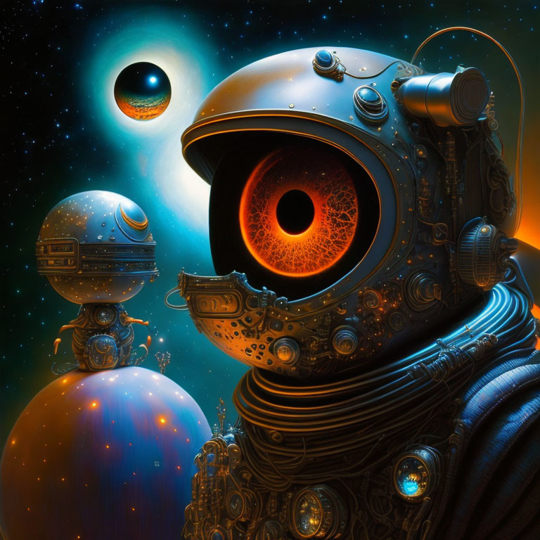 Detailed steampunk astronaut art in cosmic scene