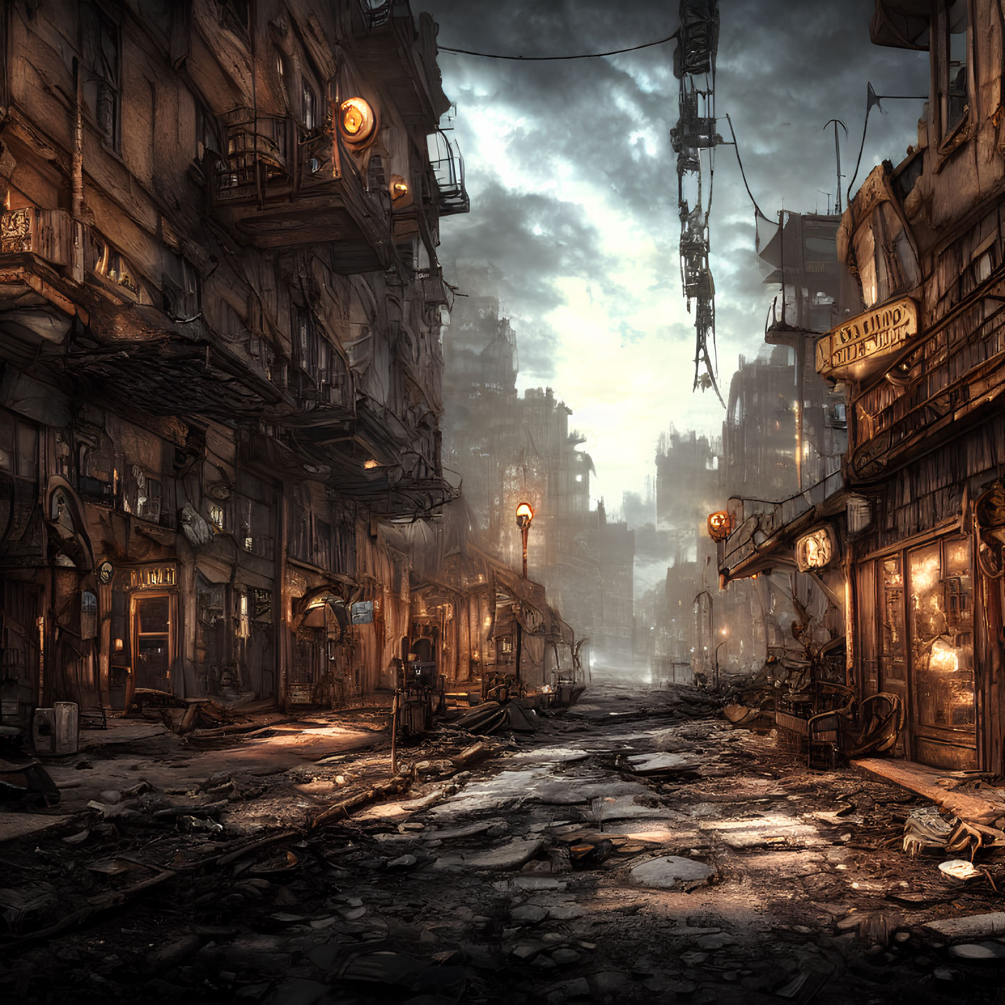 Desolate dystopian street with debris and dim lighting