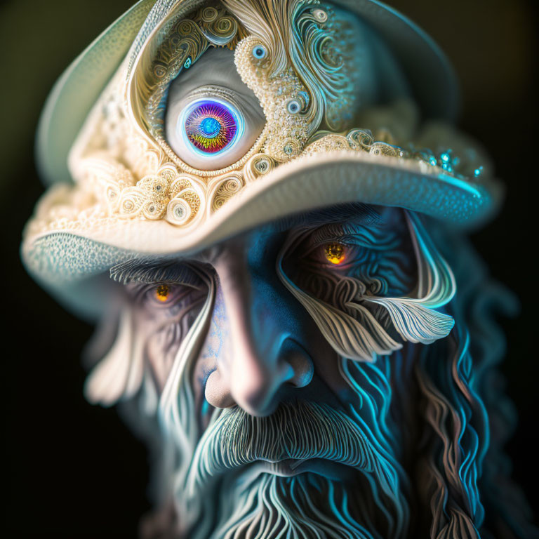 Surreal portrait of old man with patterned hat and third eye