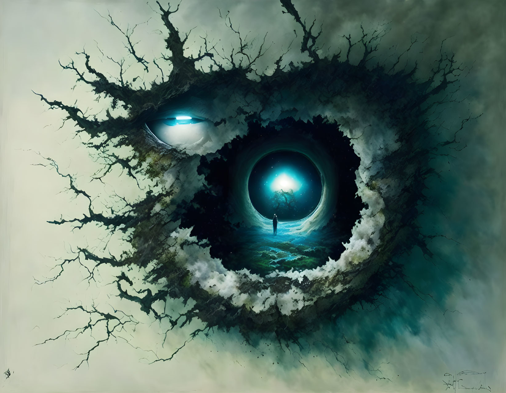 Colossal eye in landscape with trees, clouds, person, and glowing orb.