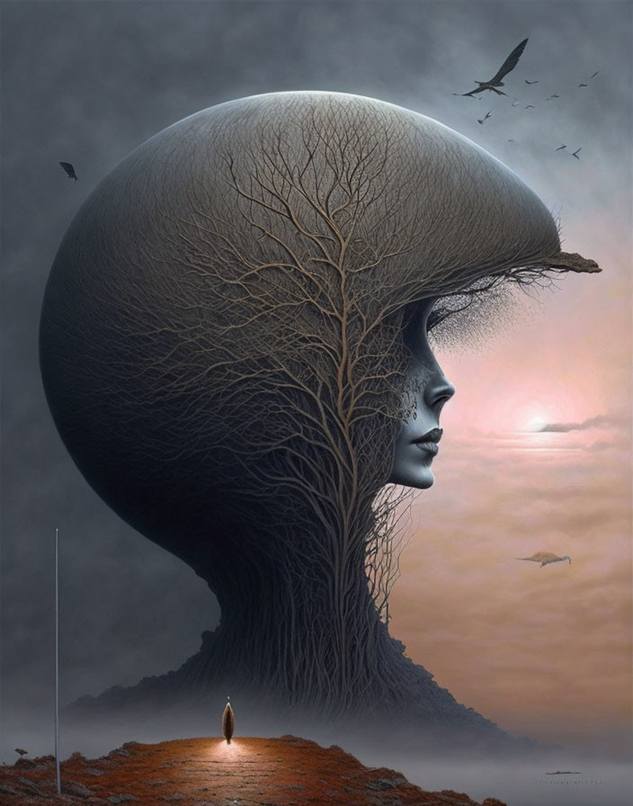 Surreal human-tree profile against twilight sky with birds and solitary figure