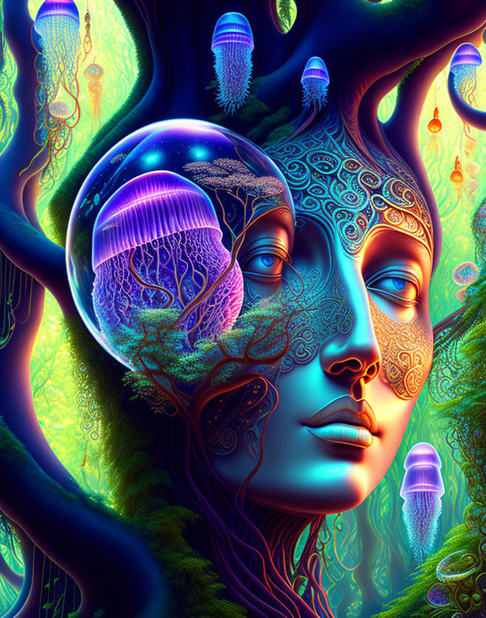 Surreal digital artwork: Female figure with cosmic jellyfish brain in serene forest.