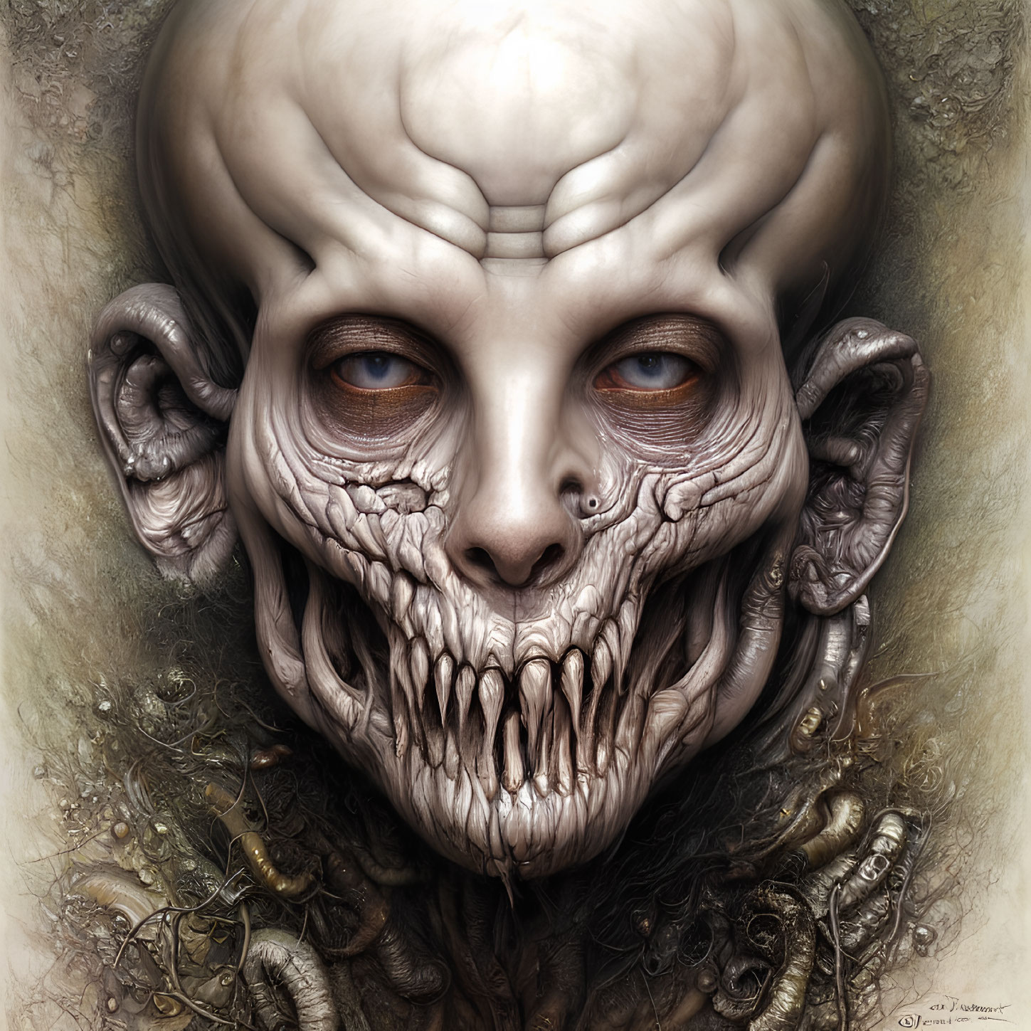 Fantasy Illustration of Skull-Faced Creature with Deep-Set Eyes