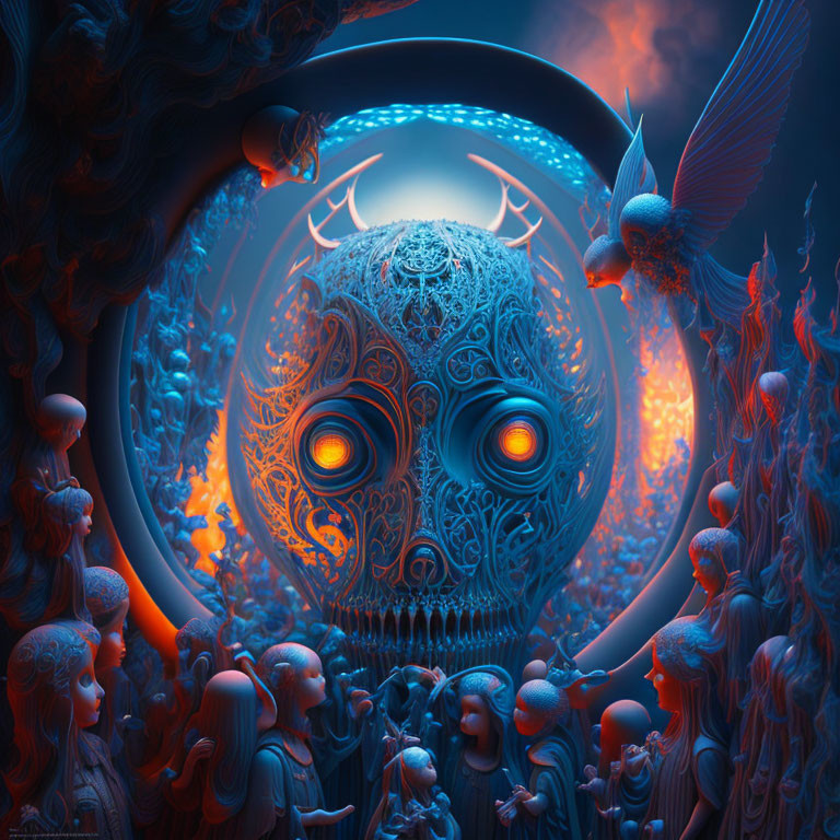 Mystical image: ornate skull, fantastical creatures, birds, fiery elements in blue and