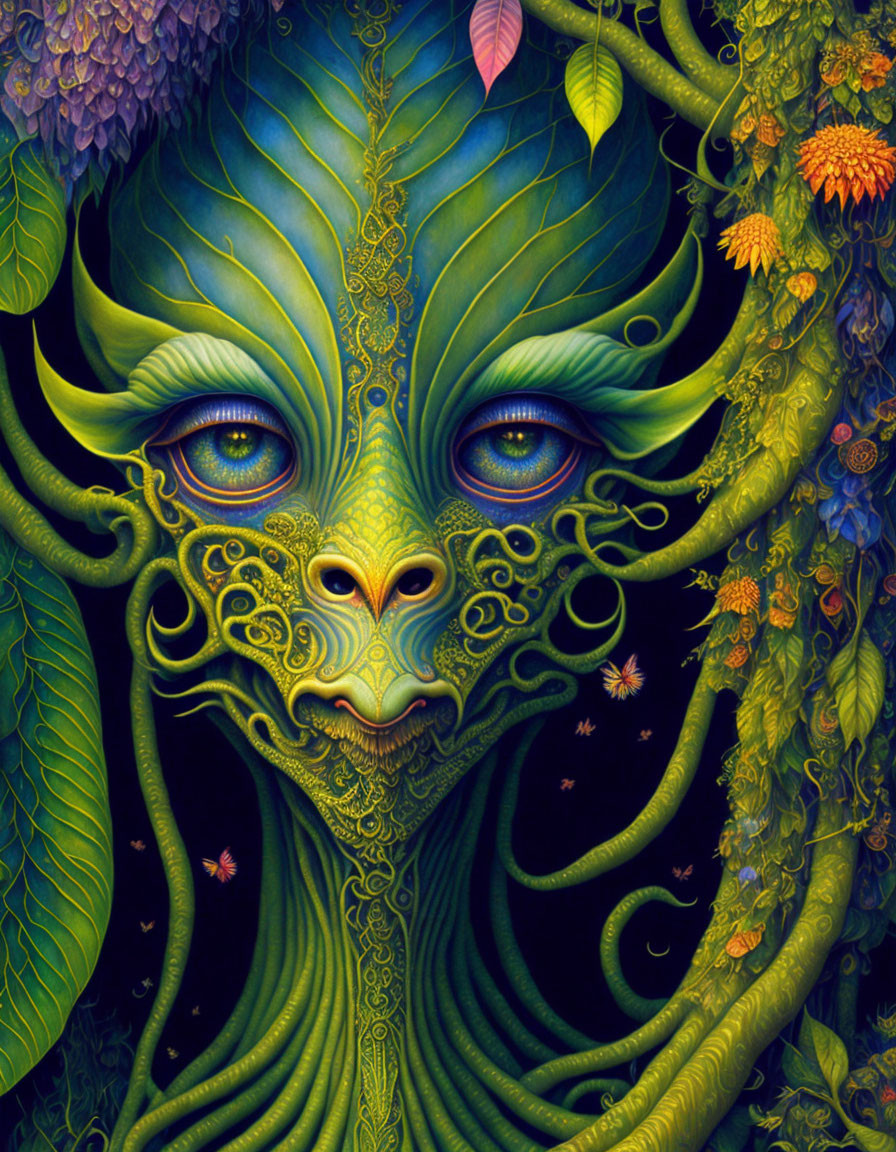 Colorful artwork: fantastical creature with green skin, large blue eyes, intricate patterns, lush foliage