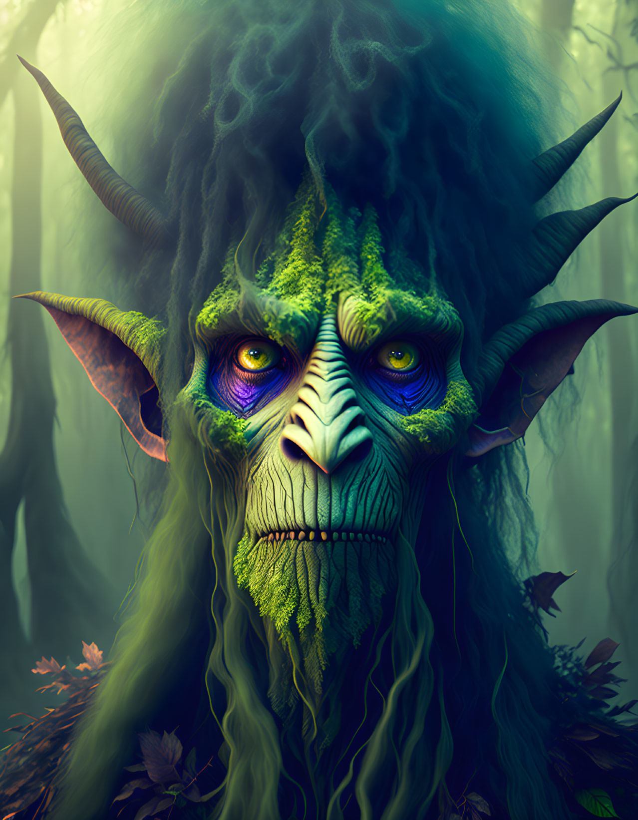 Fantastical creature with green skin and horns in mystical forest