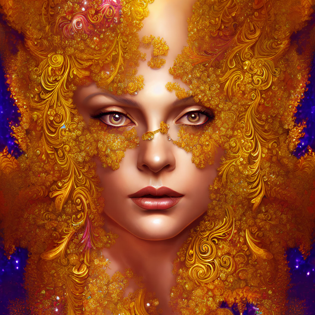 Digital artwork featuring woman with gold-embellished skin, intricate details, jewel-like eyes, and