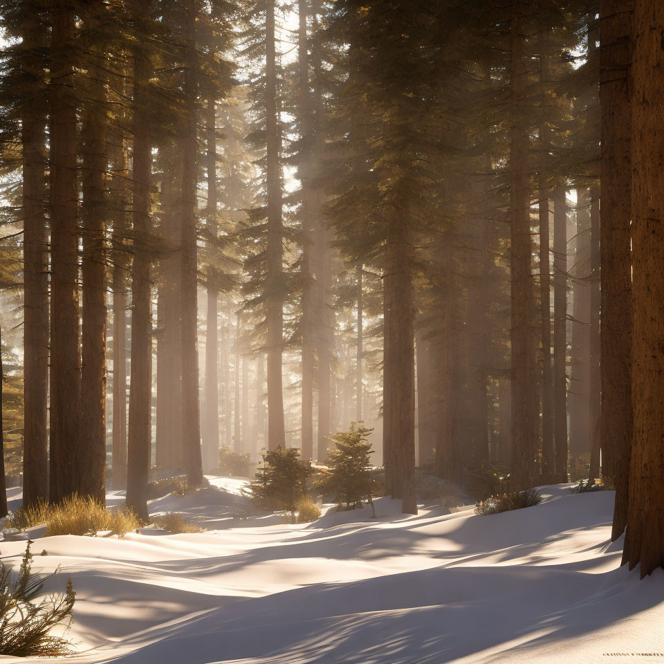 Sunlight filtering through dense forest onto snowy ground and pine trees.