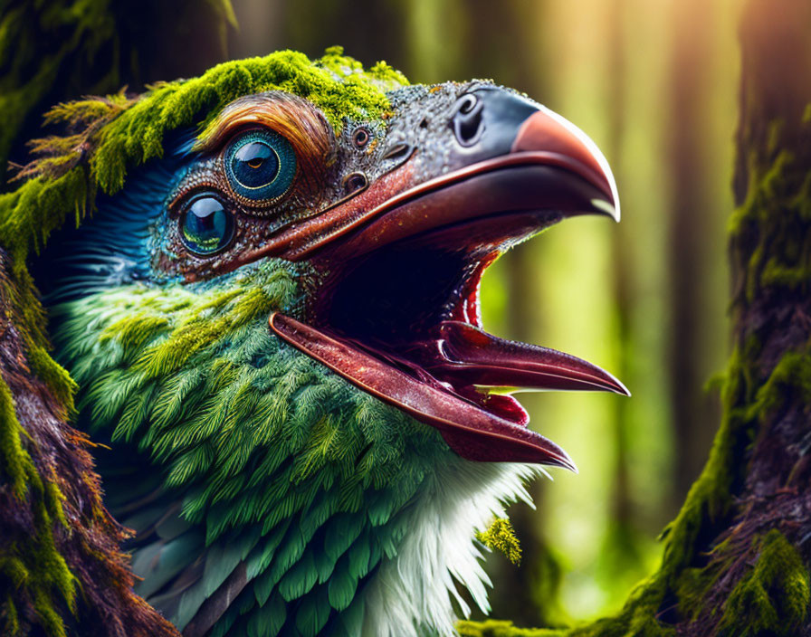 Colorful Bird with Bright Blue Eyes and Green Feathers in Lush Foliage