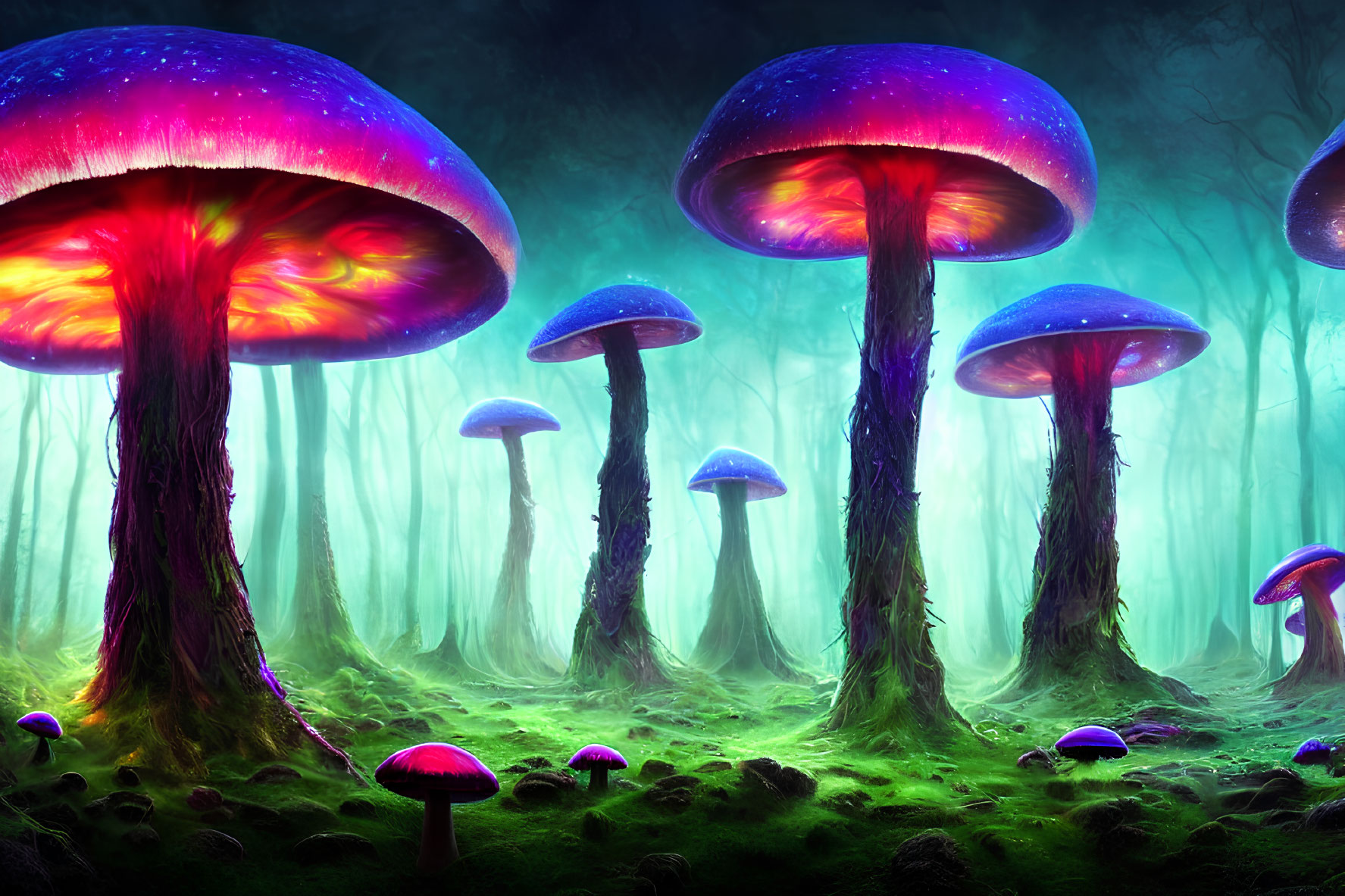 Enchanted forest with oversized purple mushrooms and misty atmosphere