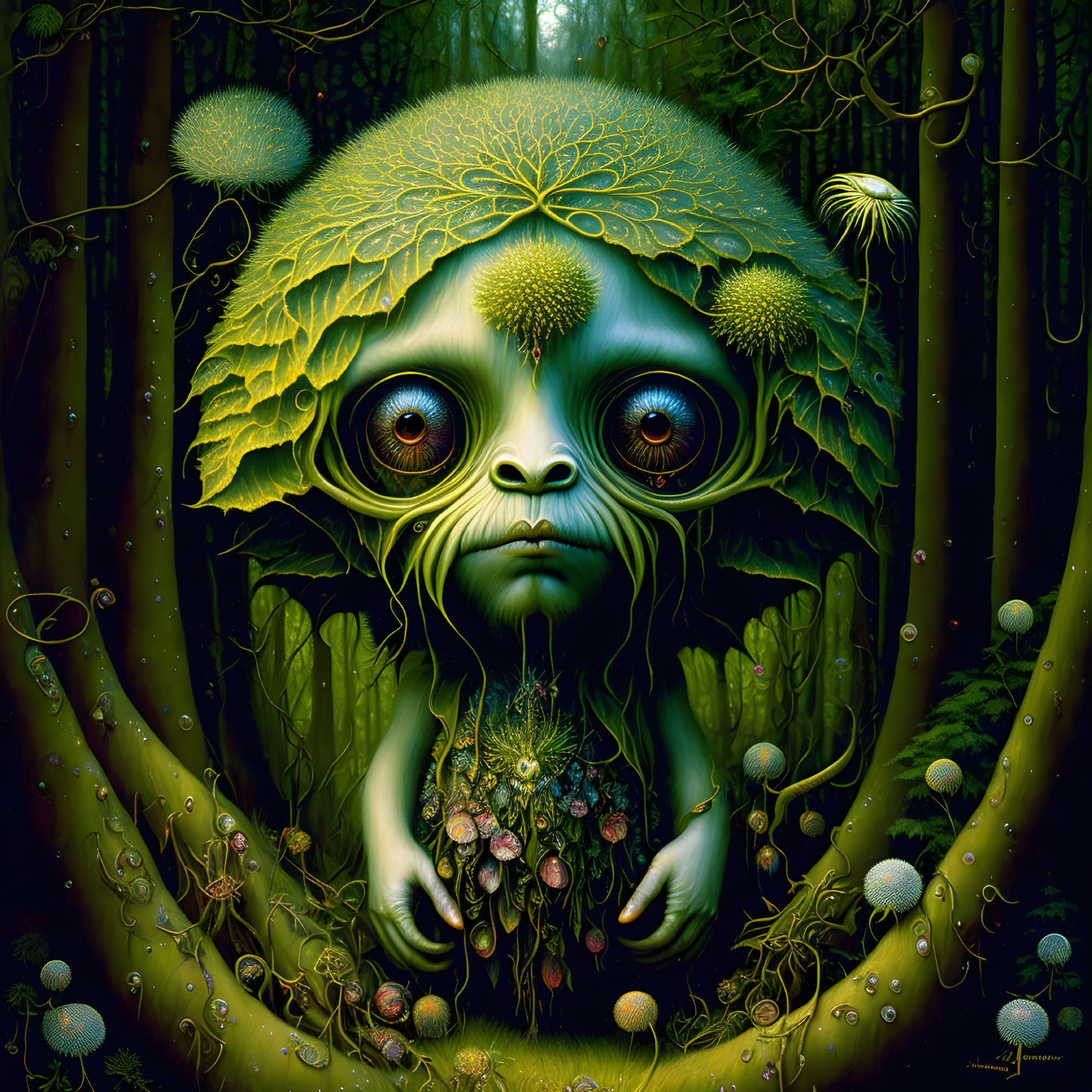 Fantastical creature with large eyes in mystical forest