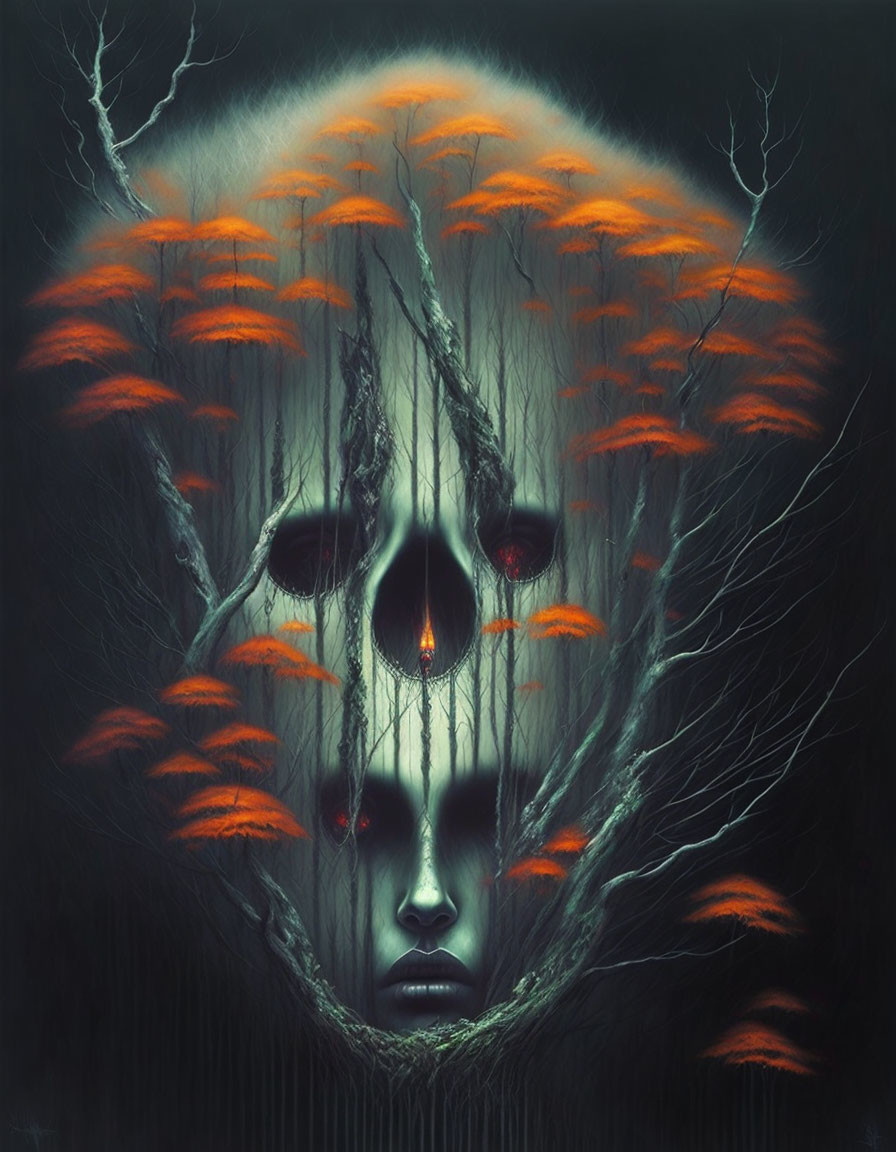 Face and tree merge in eerie artwork with glowing red foliage and eyes on dark misty background