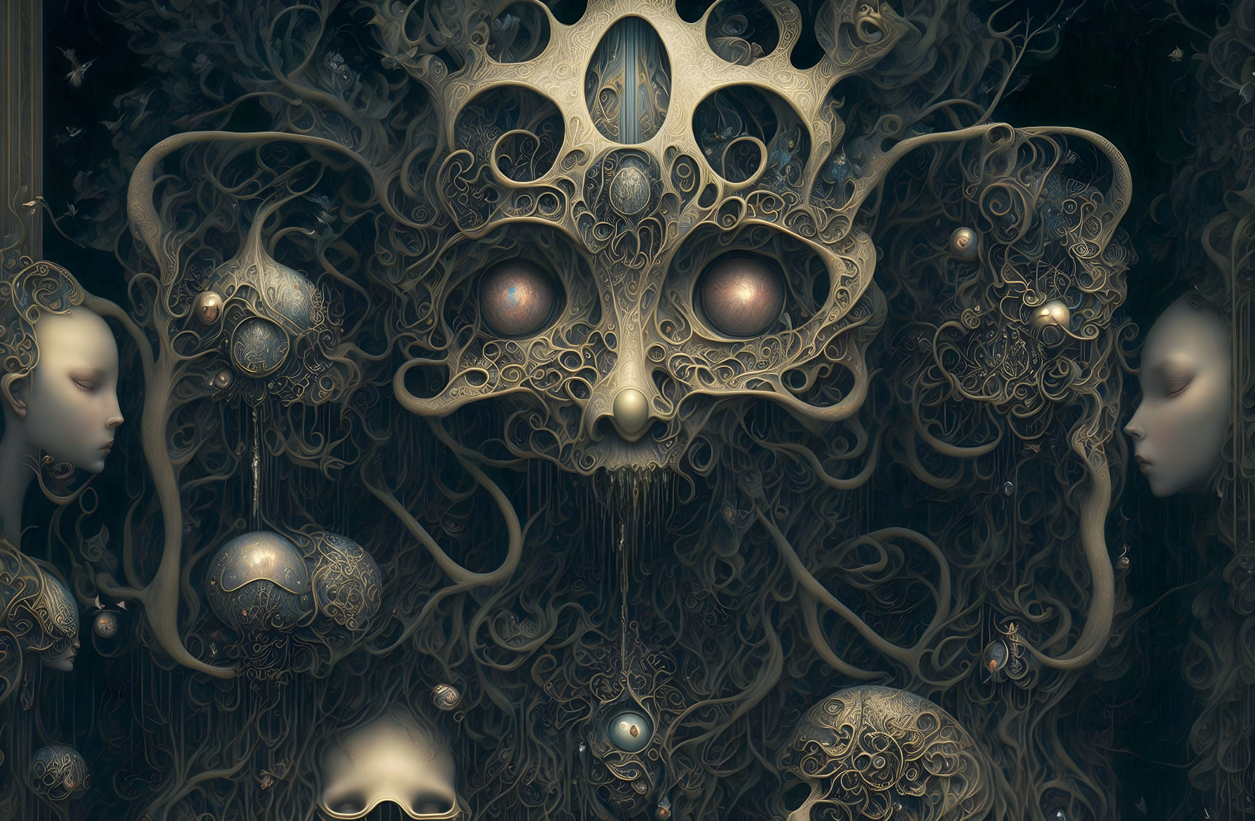 Steampunk-inspired artwork with central mask-like figure surrounded by surreal faces