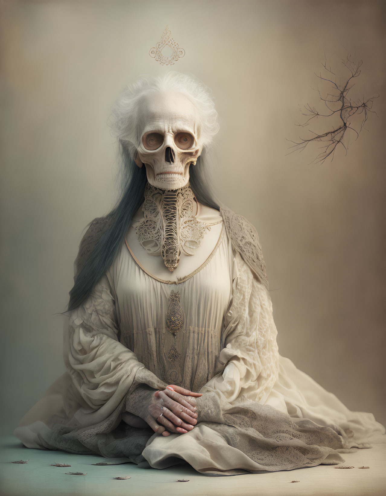 Skeleton with Blue Hair in Vintage Cream Dress and Symbolic Headdress