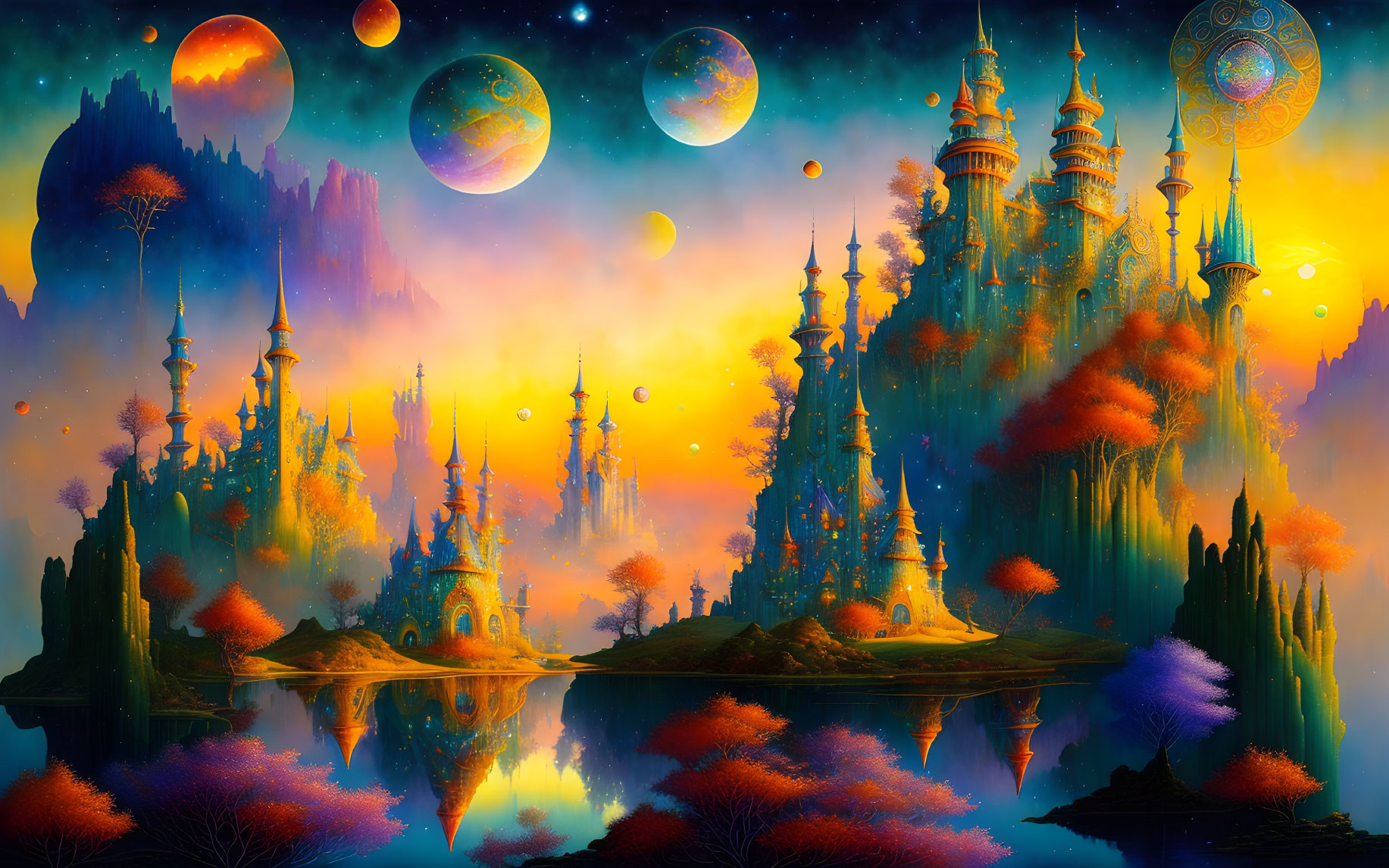 Vibrant alien landscape with colorful flora, castles, and multiple planets in the sky