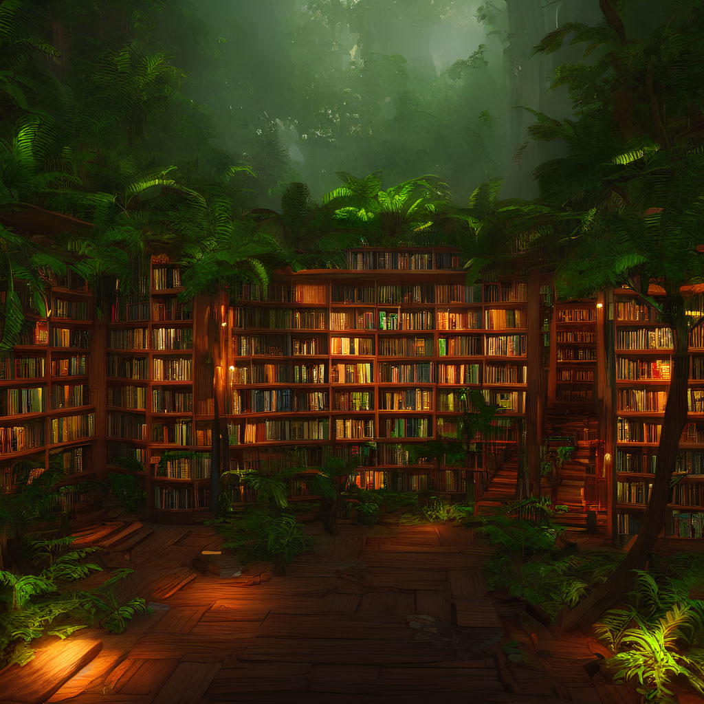 Tranquil forest library with towering bookshelves and lush greenery