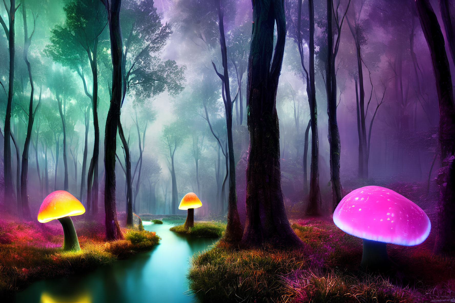 Enchanted Forest with Glowing Mushrooms and Serene Stream