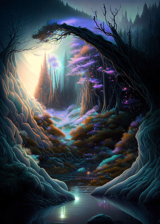 Mystical forest with vibrant flora and serene river under soft glowing light