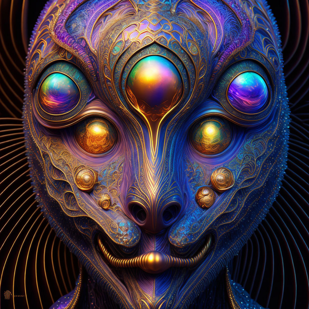 Detailed digital artwork: Symmetrical alien face with ornate eyes