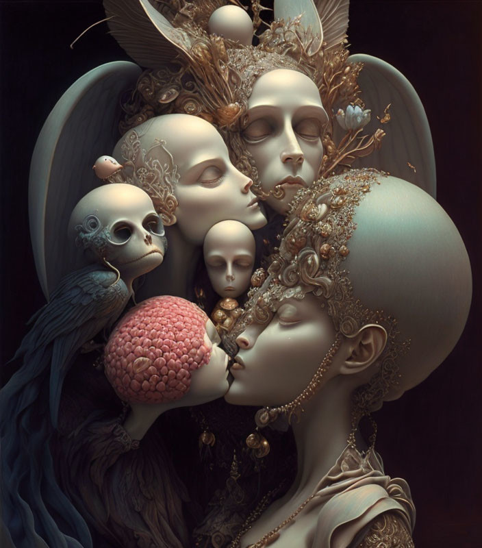 Surreal artwork: multiple faces in earthy tones, ornate details, merged features, closed