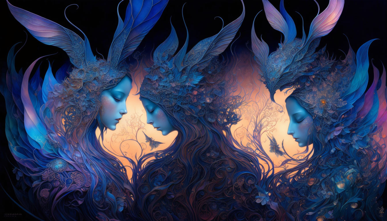 Ethereal female figures with blue feathery headpieces on orange background