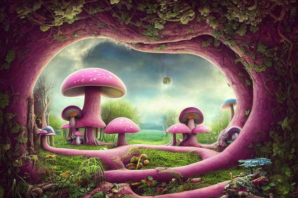 Colorful fantasy landscape with giant pink mushrooms and floating island