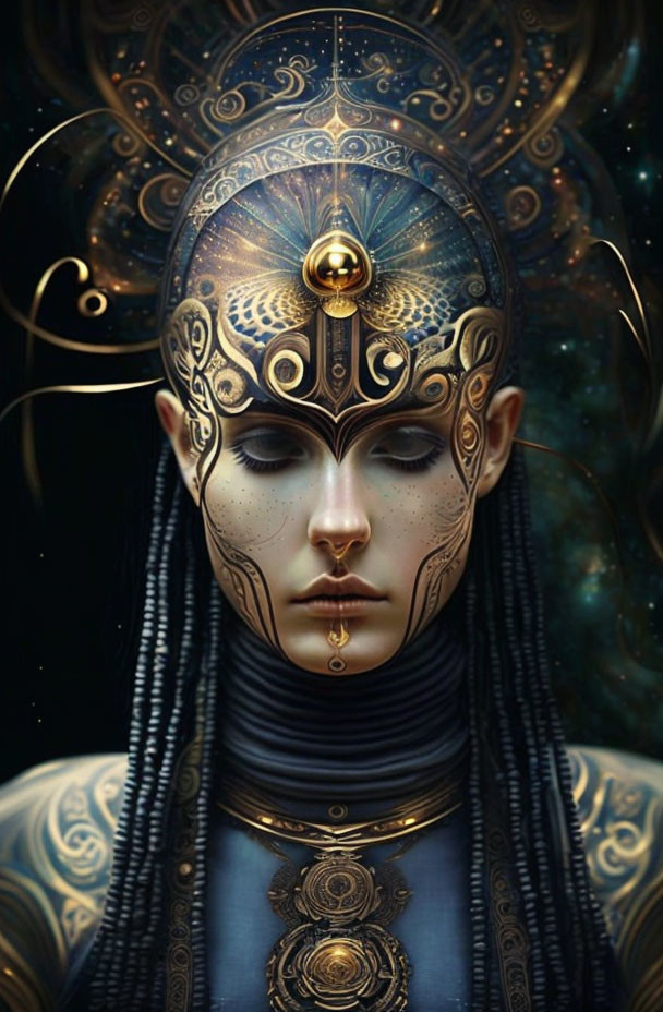 Detailed digital artwork: person with golden headgear and tattoos against starry cosmos.