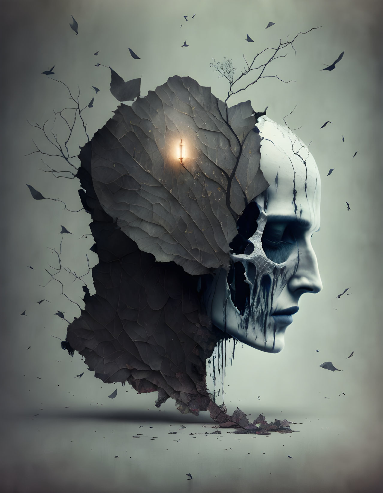 Surreal human profile with skull overlay in nature scene