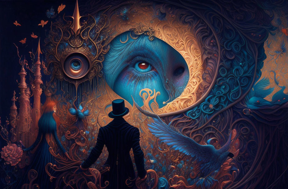 Detailed Blue Eye Artwork with Swirls, Top Hat Figure, Birds, and Surreal Nature