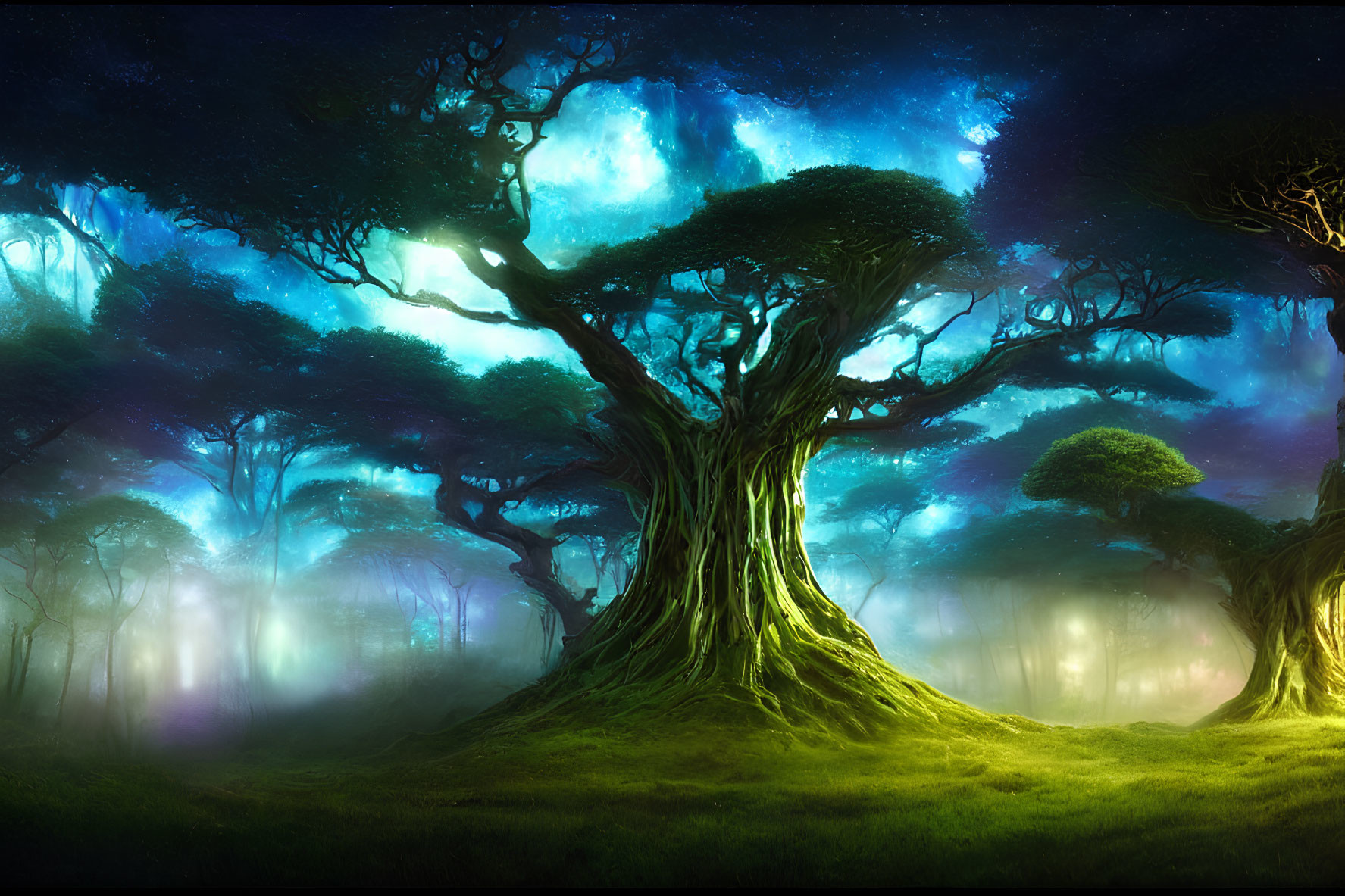 Majestic ancient trees in a glowing forest under a starry sky