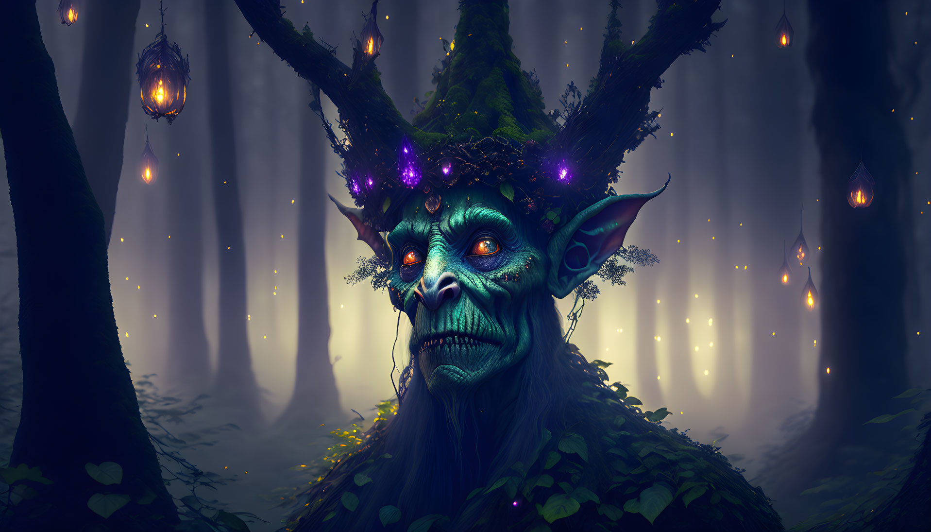 Green forest creature with antler-like branches and purple eyes in magical forest scene