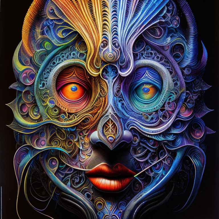 Colorful surreal face with intricate patterns and vivid colors on dark background