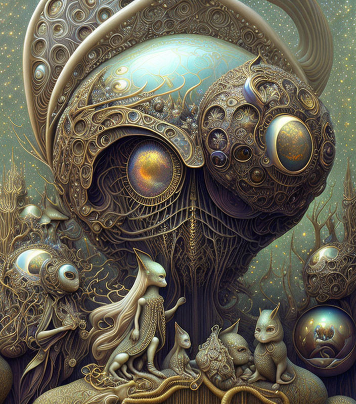 Detailed fantasy artwork: whimsical creatures, intricate tree, celestial bodies with mystical glow