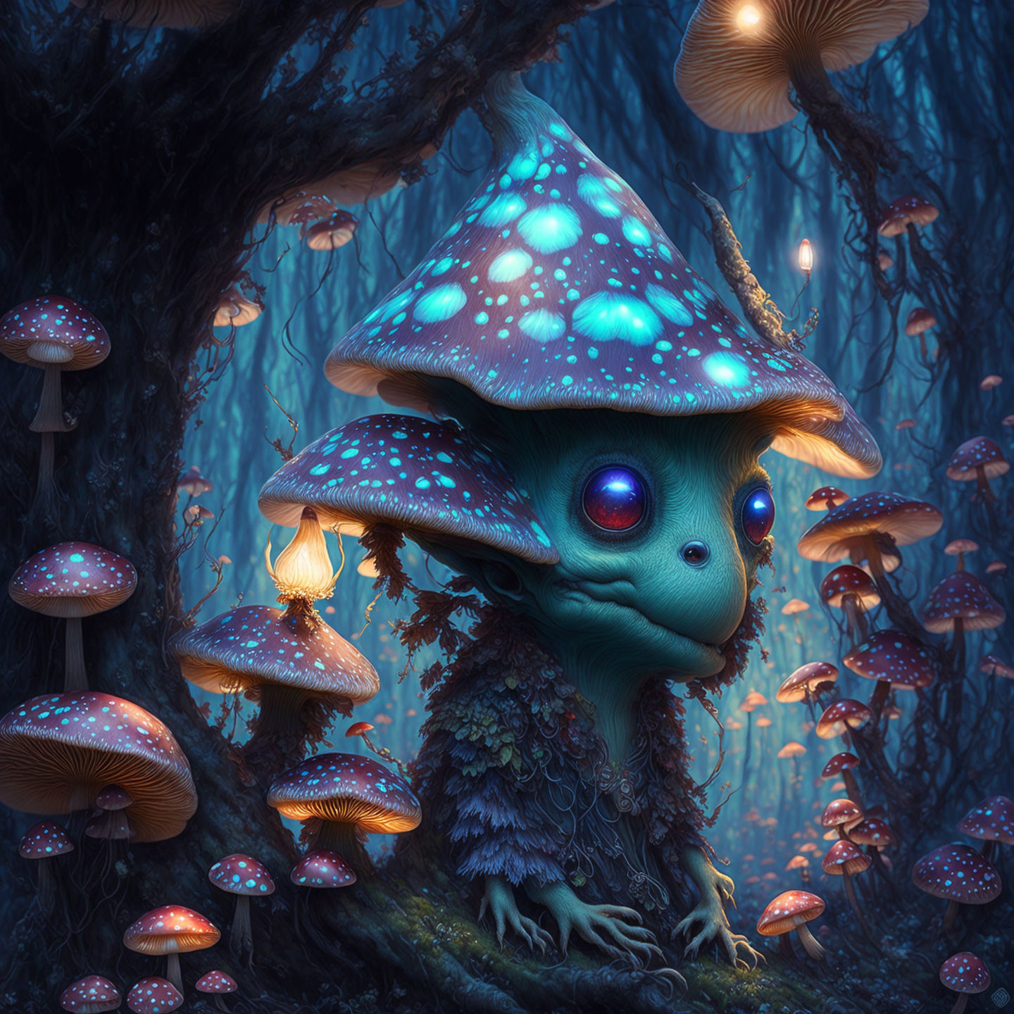 Whimsical creature with mushroom cap head in enchanting forest