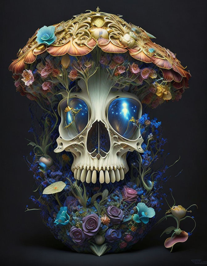 Surreal artwork: Skull with galaxy eyes, vibrant flowers, mushrooms, celestial elements