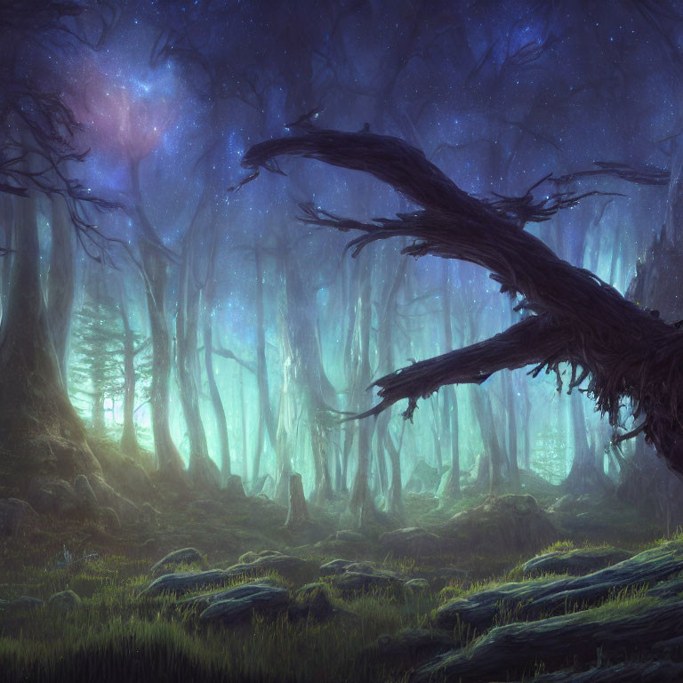 Twilight enchanted forest scene with fallen log, blue light, and starry sky