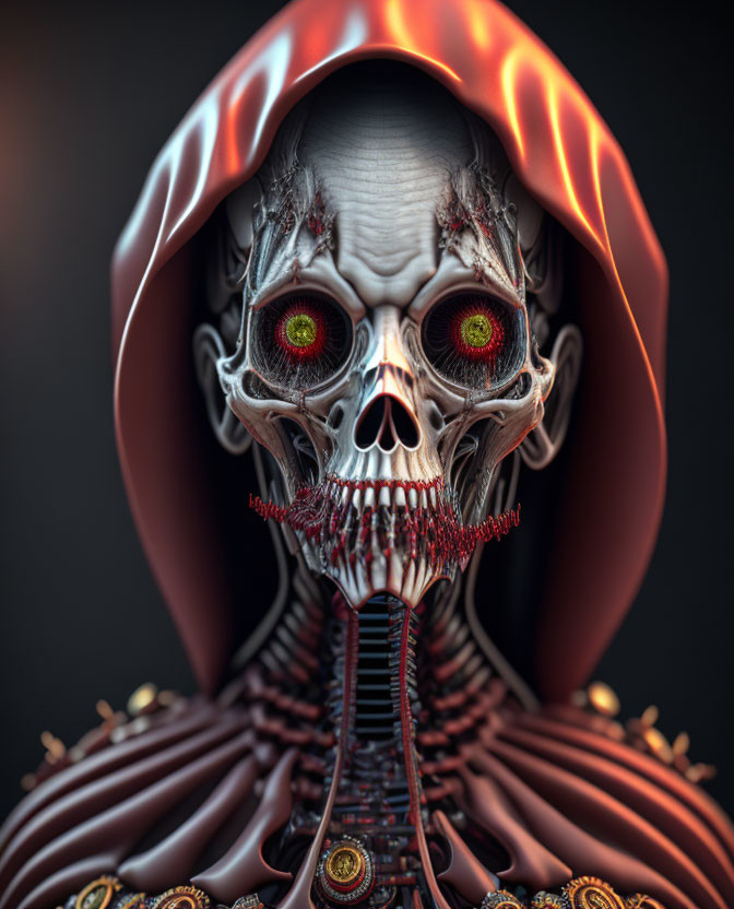 Surreal digital artwork: skeletal figure, red eyes, organic mechanical structures, fiery patterns