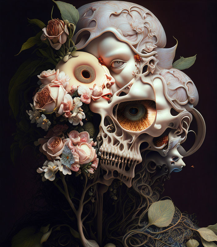 Intricately designed human skull with floral elements and visible eye