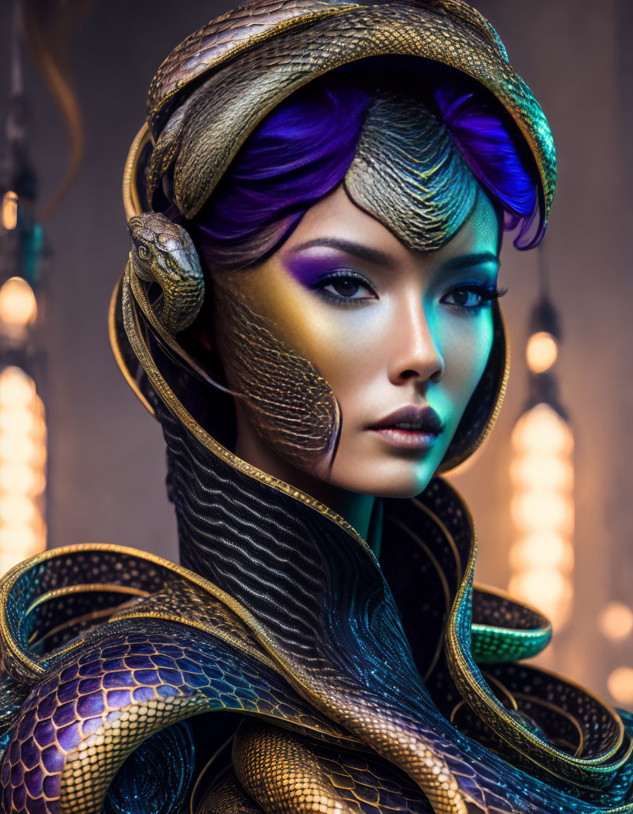 Violet-skinned woman with golden serpents in stylized portrait