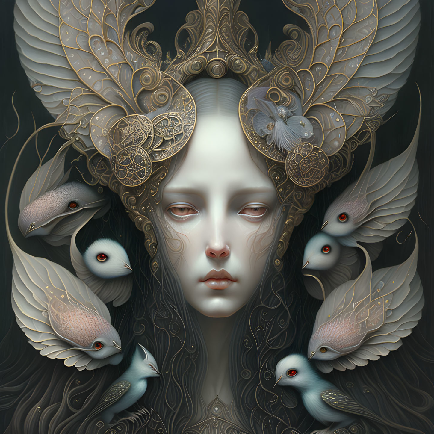 Surreal portrait of pale woman with golden headpiece and stylized birds