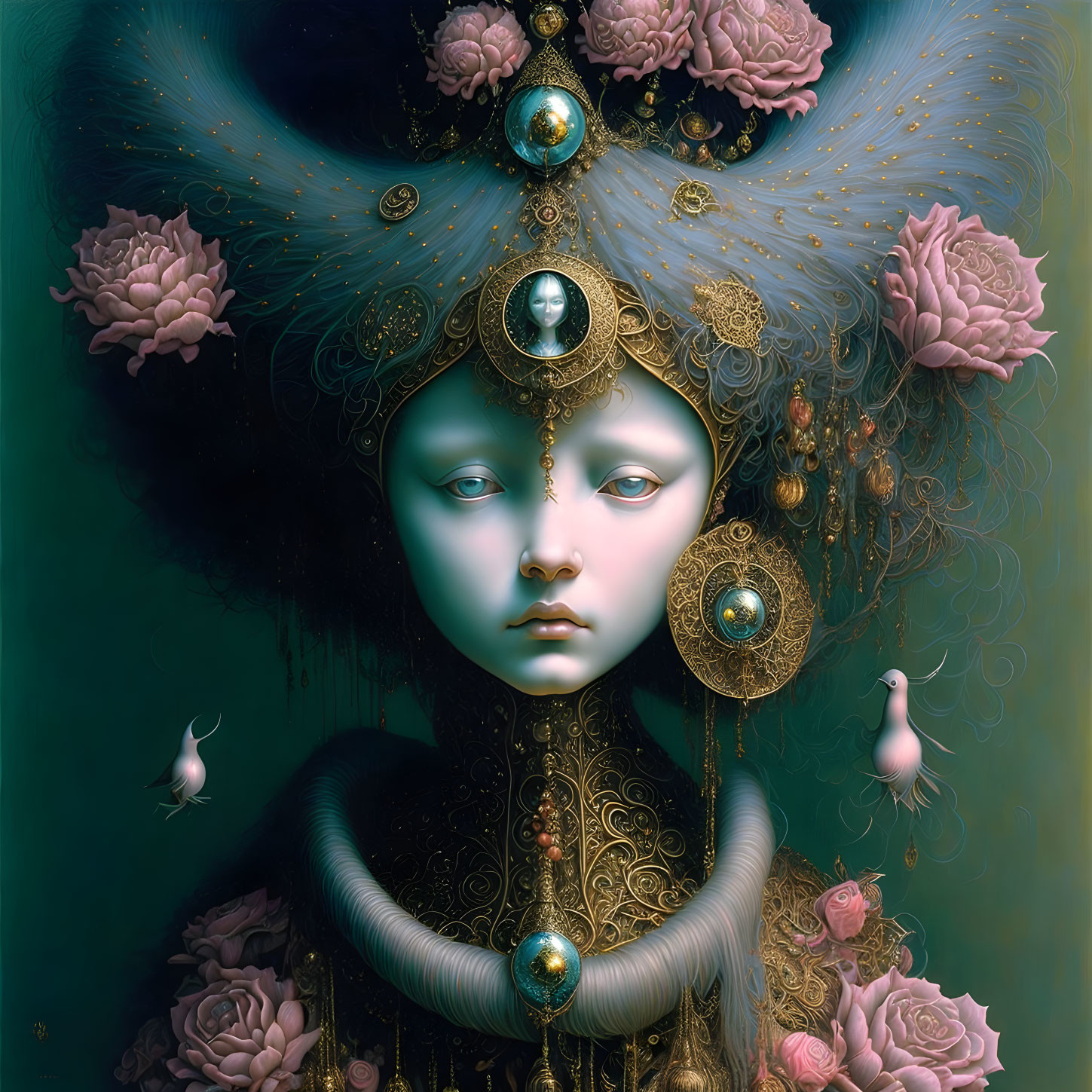 Surreal portrait of pale figure with golden headdress, jewelry, pink flowers, and white birds