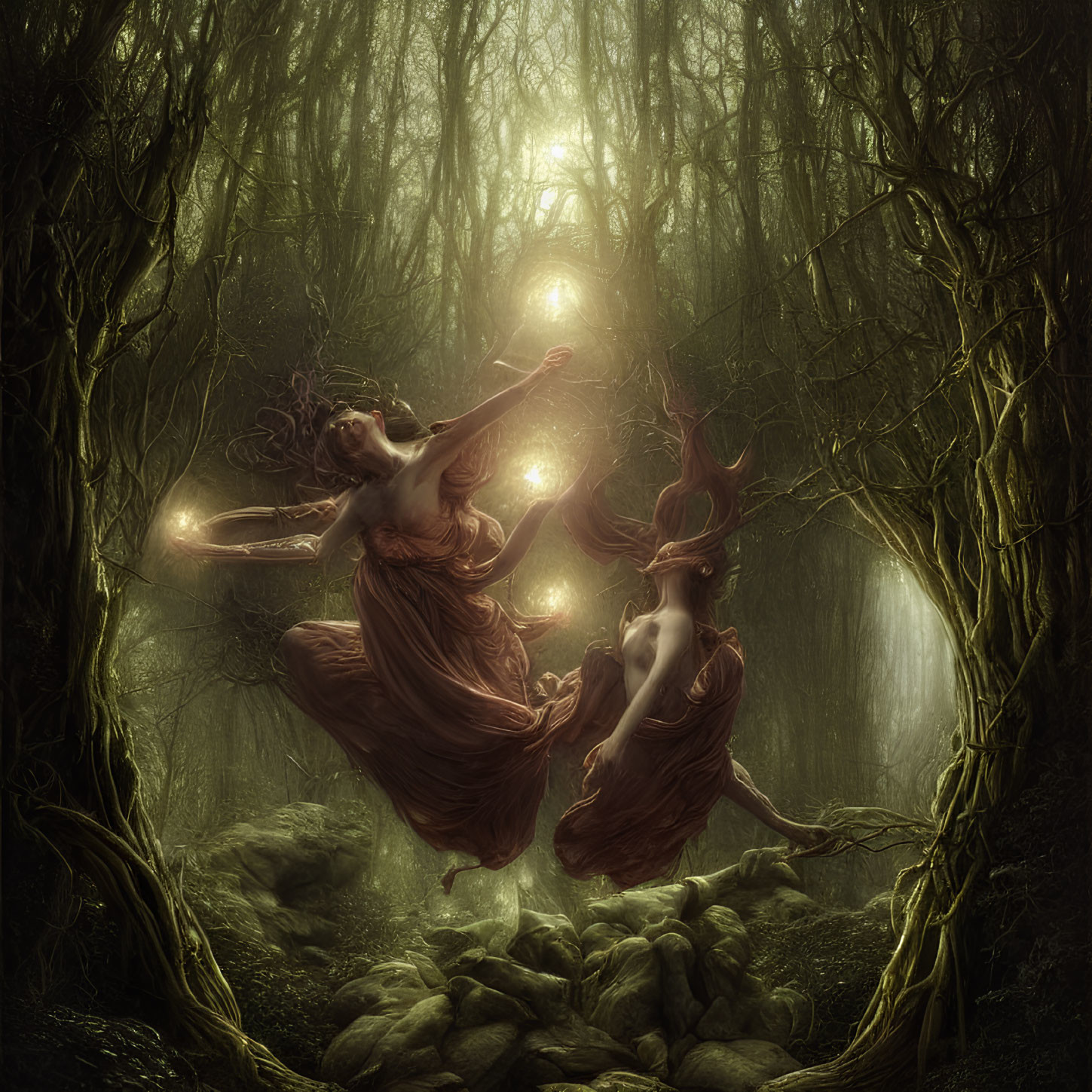 Ethereal figures in flowing dresses levitate in mystical forest