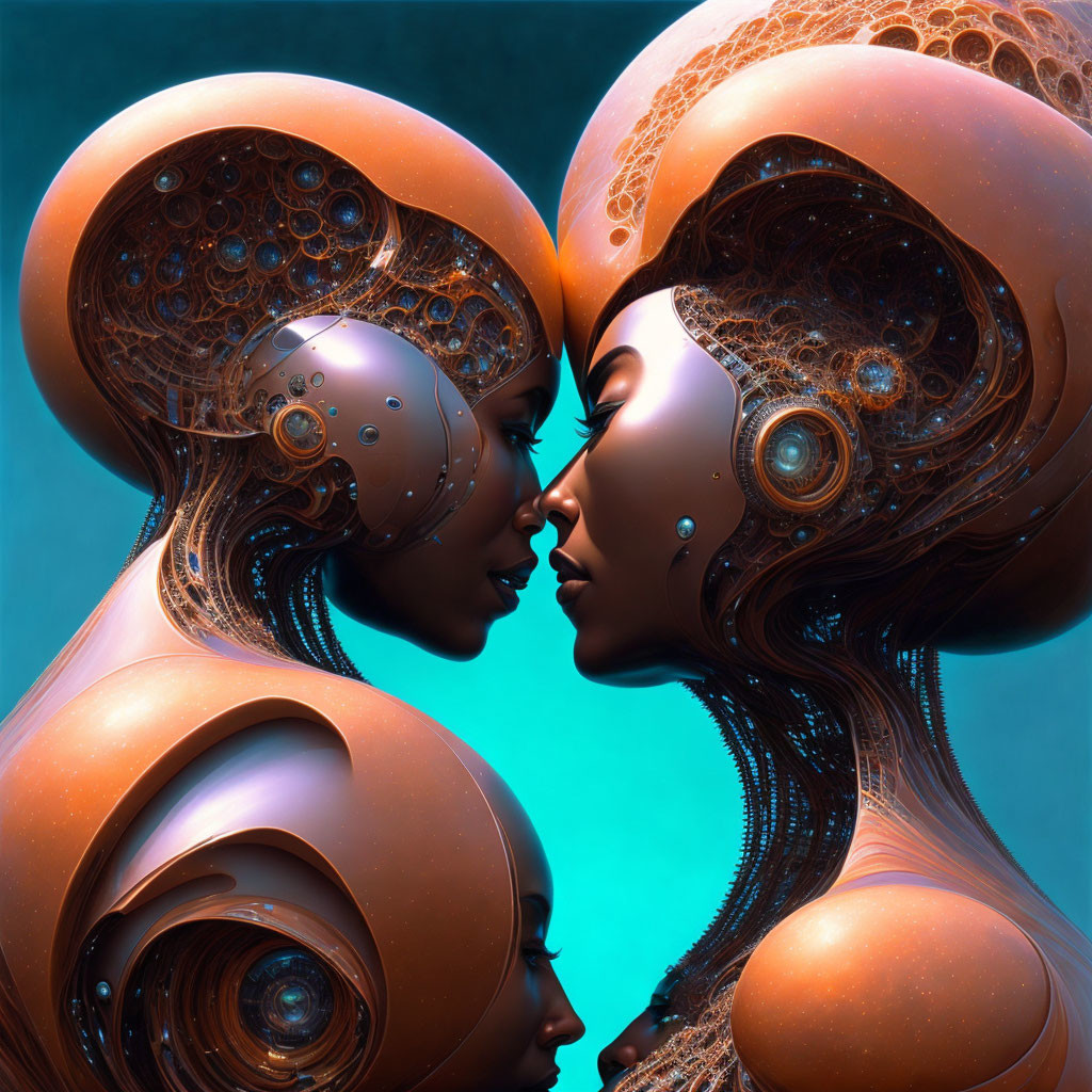 Intricate humanoid robots in close interaction on turquoise backdrop